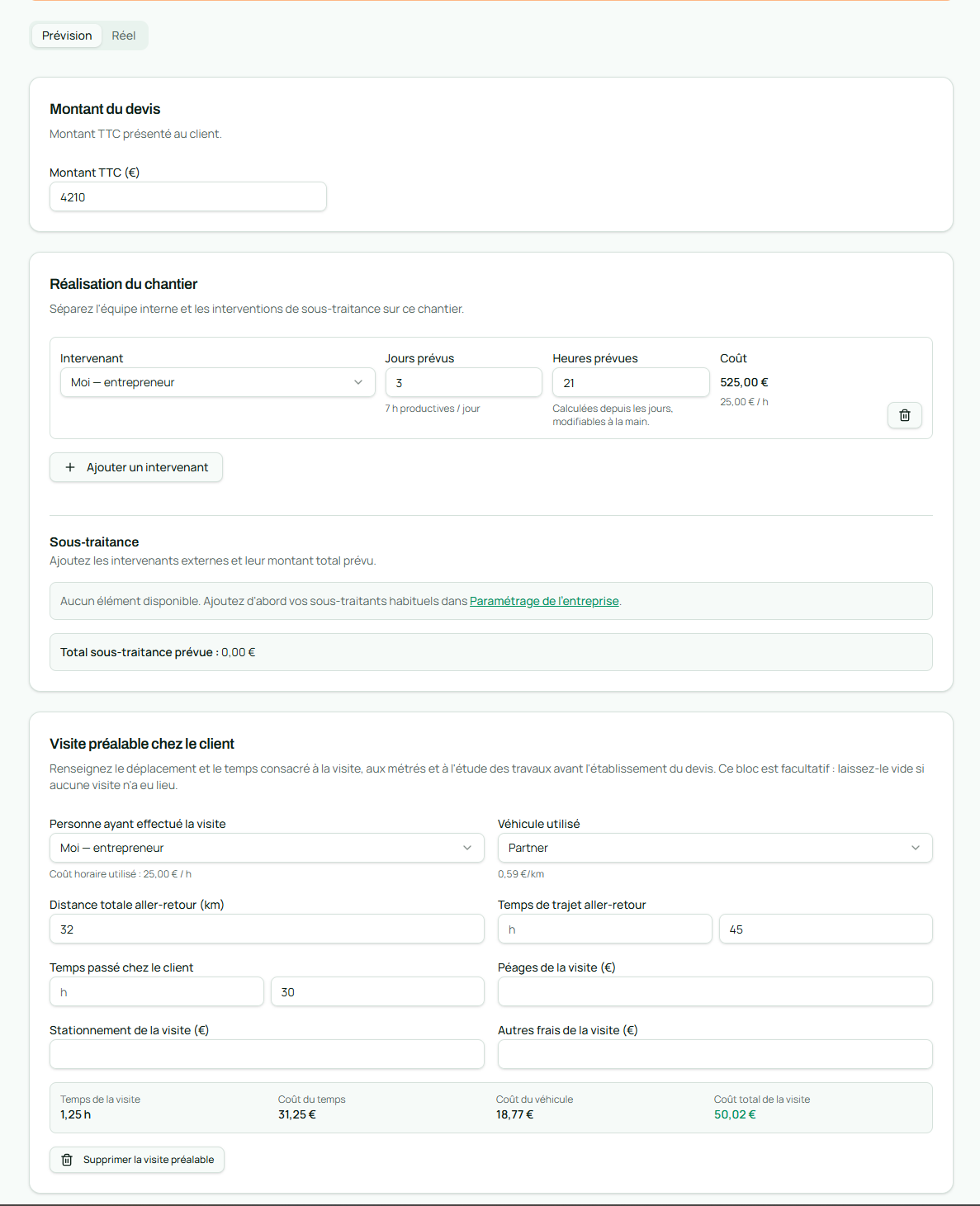 Nouvelle simulation BTP Pilot avec montant du devis, main-d’œuvre et visite préalable